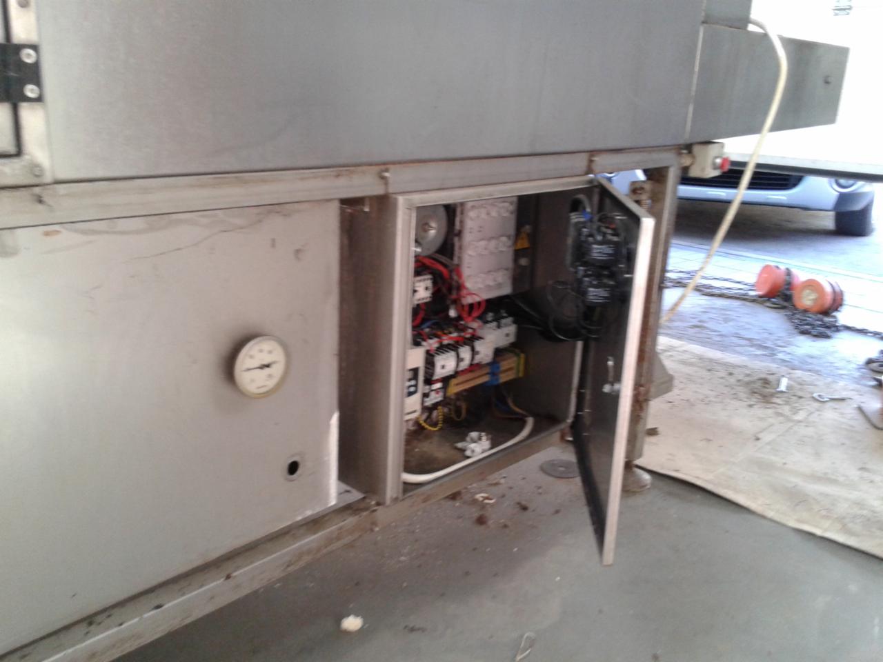 Otwarta skrzynka elektryczna w metalowej obudowie maszyny z widocznymi przewodami, bezpiecznikami i elementami sterującymi; na zewnątrz fragment samochodu i łańcuch.