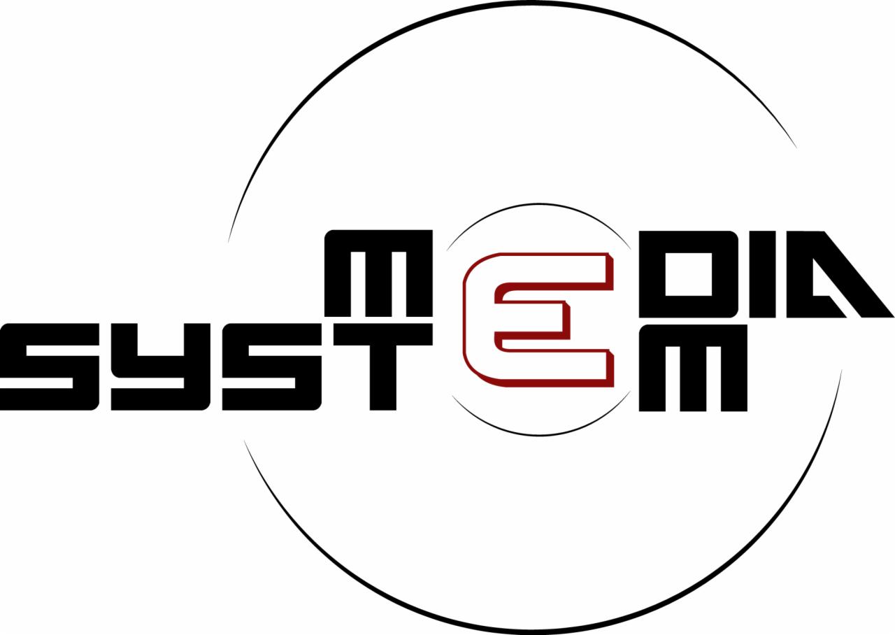 Logo firmy 'SYSTEMEDIA' z czarnym napisem i czerwonym symbolem 'E' w okręgu, umieszczone na białym tle z elementami okręgu. Grafika w nowoczesnym stylu.