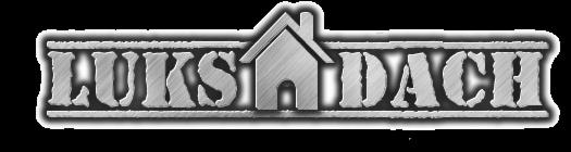Metaliczny logotyp 'LUKS DACH' z ikoną domu, stylizowany na vintage z efektem szczotkowanego metalu, na czarnym tle. Cieniowanie nadaje efekt 3D.