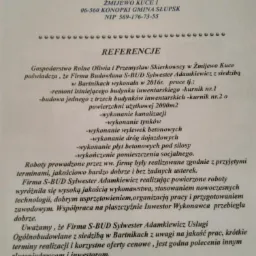 Skan referencji dla firmy budowlanej S-BUD Sylwester Adamkiewicz, potwierdzający wykonanie remontu budynku inwentarskiego, budowy kurników, kanalizacji, tynków, wylewek betonowych, dróg dojazdowych...