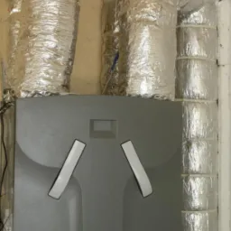 Szary centralny wentylator z odzyskiem ciepła, otoczony izolowanymi aluminiową folią przewodami wentylacyjnymi, zamontowany na ścianie w pomieszczeniu.