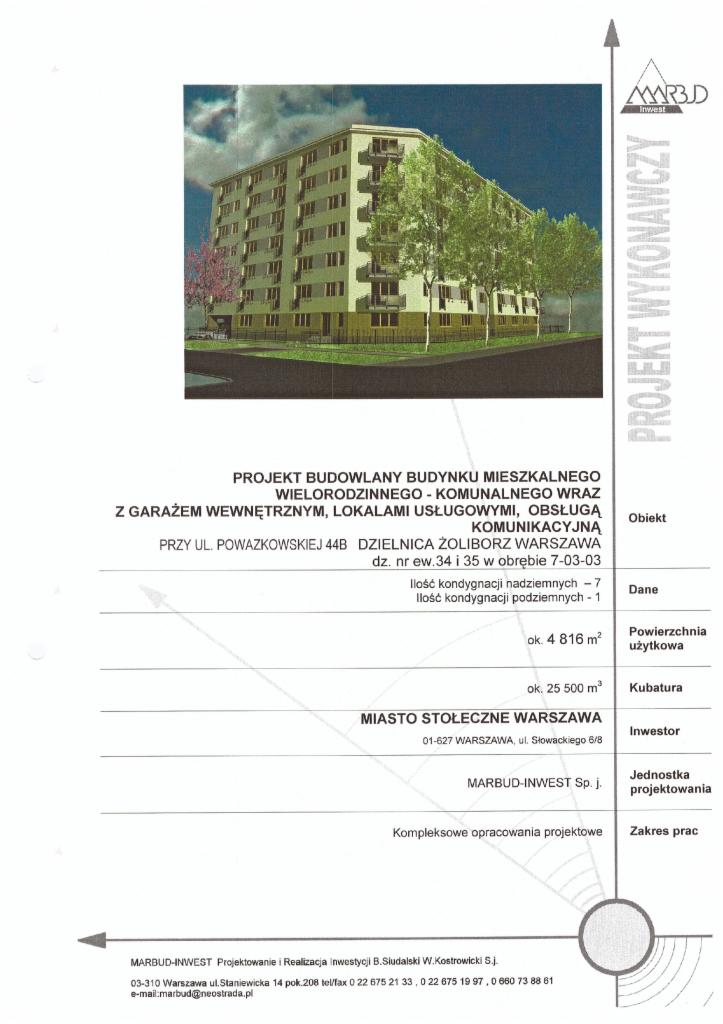 Projekt budowlany budynku mieszkalnego wielorodzinnego z garażem wewnętrznym, lokalami usługowymi. Wizualizacja elewacji z zielenią w tle. Dokumentacja.