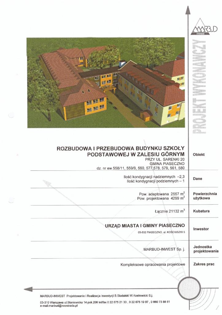 Projekt rozbudowy szkoły podstawowej w Zalesiu Górnym. Wizualizacja budynku z uwzględnieniem danych technicznych i informacji o inwestorze.
