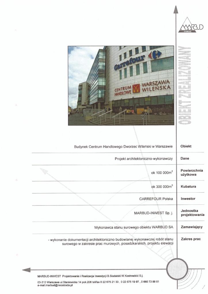 Dokumentacja projektowa centrum handlowego Dworzec Wileński w Warszawie z logo Carrefour, zawierająca dane inwestora, kubaturę i zakres prac.
