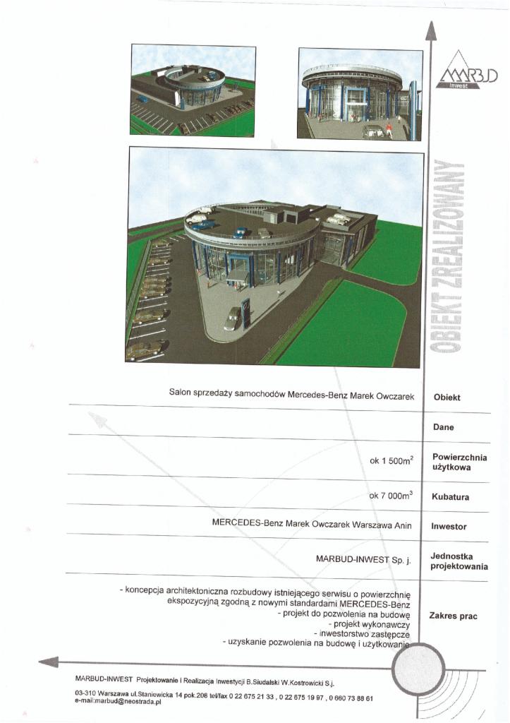 Wizualizacja salonu samochodowego Mercedes-Benz w Warszawie. Projekt rozbudowy serwisu z parkingiem i zielenią. Budynek o nowoczesnej architekturze.