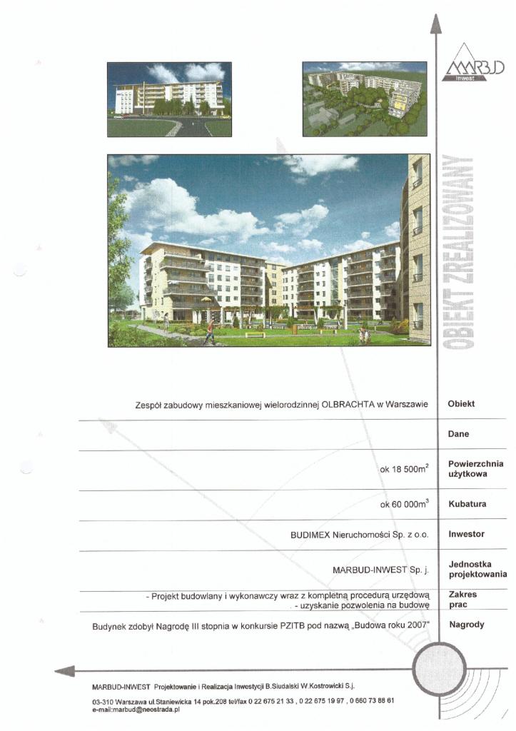 Wizualizacja zespołu zabudowy wielorodzinnej Olbrachta w Warszawie, z informacjami o powierzchni, kubaturze, inwestorze i nagrodzie Budowa Roku 2007.