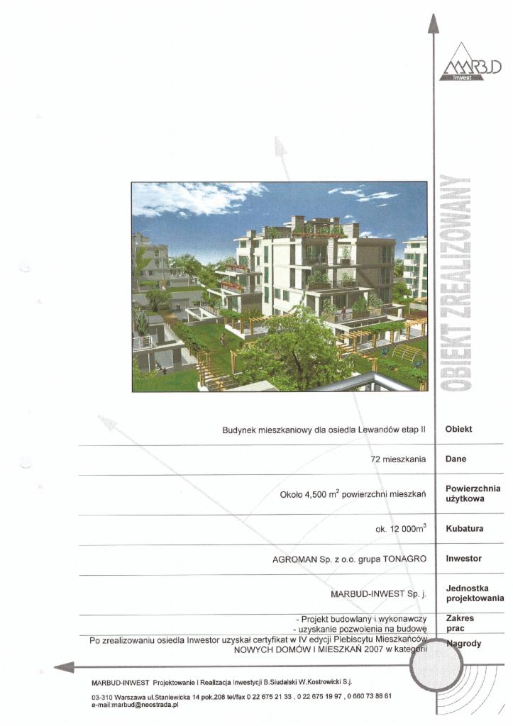Wizualizacja budynku mieszkalnego z zielonym otoczeniem, część osiedla Lewandów etap II, z danymi technicznymi i informacjami o inwestorze. Projekt zrealizowany przez MARBUD-INWEST.