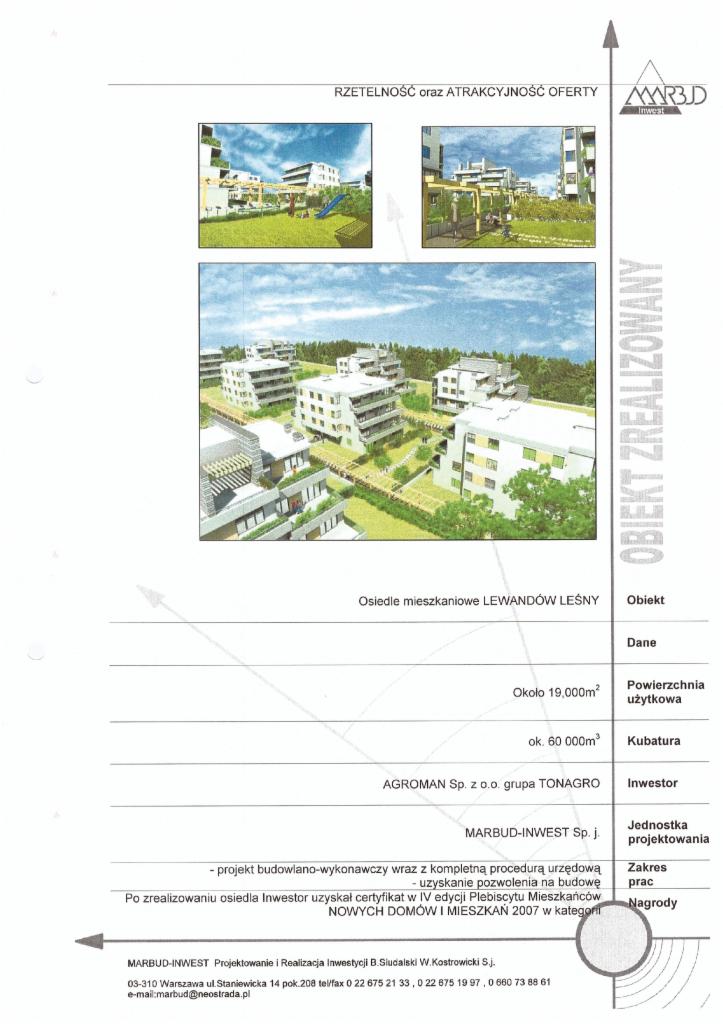 Projekt osiedla mieszkaniowego: wizualizacje budynków z zielenią, plac zabaw. Informacje o inwestorze i powierzchni. Osiedle Lewandów Leśny, Marbud-Inwest.