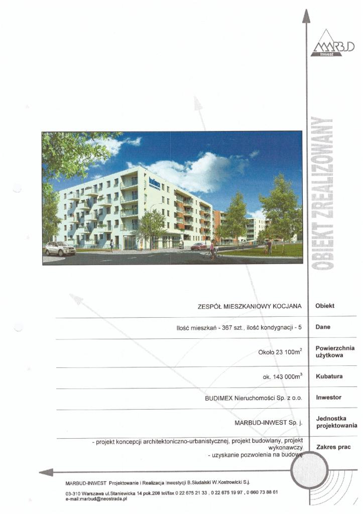 Wizualizacja ukończonego budynku mieszkalnego 'Zespół Mieszkaniowy Kocjana', z informacjami o ilości mieszkań i kondygnacji, logo Marbud Invest i Budimex.