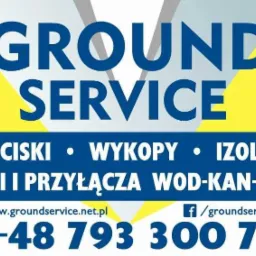 Baner reklamowy Ground Service z Zabrze: przeciski, wykopy, izolacje, sieci i przyłącza wod-kan-gaz. Kontakt: www.groundservice.net.pl, +48 793 300 770.