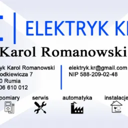 Wizytówka elektryka Karola Romanowskiego z Rumi, zawierająca dane kontaktowe, adres, NIP oraz ikony symbolizujące pomiary, serwis, automatykę i instalacje.