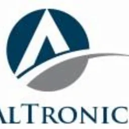 Logo firmy Altronic z niebieskim symbolem przypominającym literę A i szarym elementem graficznym pod spodem.