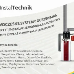 Grafika reklamowa: nowoczesne systemy ogrzewania, pompy ciepła, rekuperacja. Oferta firmy InstalTechnik z listą obsługiwanych miejscowości.