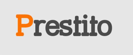 Logo 'Prestito' z pomarańczową literą 'P' i szarymi pozostałymi literami na jasnoszarym tle. Prosty, nowoczesny font.