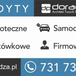 Grafika informacyjna doradza.pl: kredyty hipoteczne, samochodowe, gotówkowe, firmowe. Architekt Twoich Finansów, kontakt telefoniczny i adres strony internetowej.
