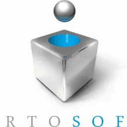 Logo firmy ORTOSOFT: srebrny sześcian z niebieskim otworem i spadającą kulą, nazwa firmy w szarym i niebieskim kolorze na białym tle.