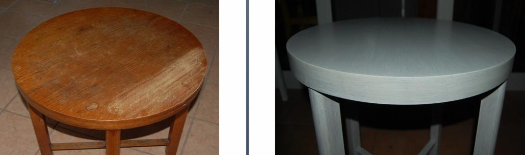 Drewniany taboret przed i po renowacji: po lewej stronie surowe drewno, po prawej pomalowany na szaro. Widoczne detale różnic w fakturze i kolorze.