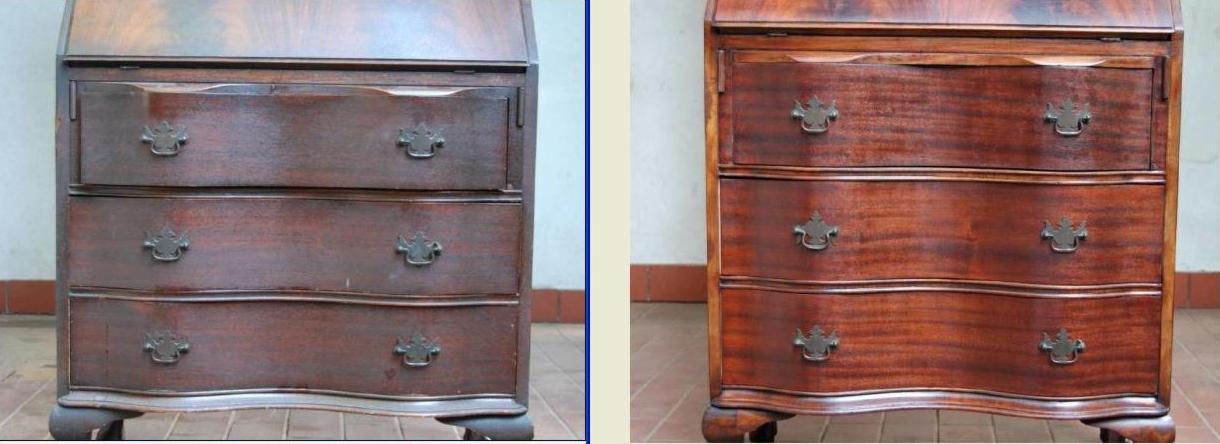 Renowacja sekretarzyka z drewna: po lewej stan przed, po prawej - odnowiony, z połyskiem. Widoczne detale uchwytów i usłojenia drewna.