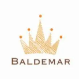 Delikatny, złoty logotyp przedstawiający koronę z pomarańczowymi akcentami, umieszczony nad nazwą firmy 'BALDEMAR' w brązowej czcionce.