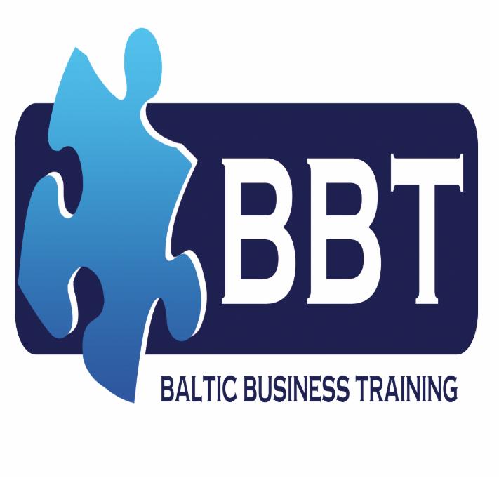 Logo Baltic Business Training (BBT) z niebieskim elementem puzzla i białym napisem na granatowym tle, sugerujące szkolenia biznesowe.