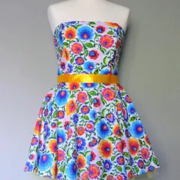 Bezramiączkowa sukienka z kwiecistym wzorem w odcieniach błękitu, pomarańczu i różu, przewiązana żółtą wstążką w pasie, prezentowana na manekinie na tle szarej ściany.