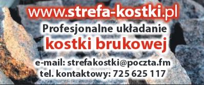 Reklama firmy brukarskiej: www.strefa-kostki.pl. Profesjonalne układanie kostki brukowej, kontakt e-mail i telefoniczny widoczne na tle fragmentów kostki.