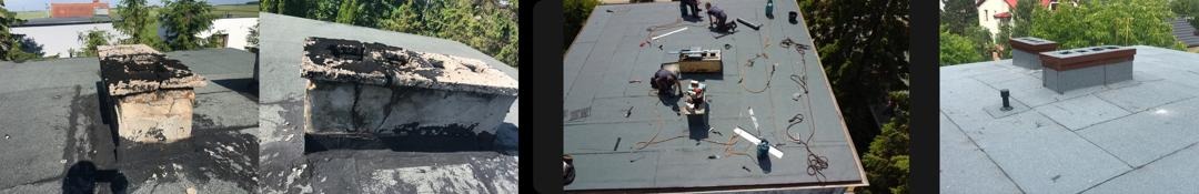Cztery ujęcia dachu: zniszczony komin na starym pokryciu, detale uszkodzeń, ekipa podczas pracy z narzędziami i nowa izolacja wokół kominów.