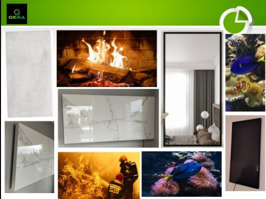 Kompozycja wizualna prezentująca różne elementy wystroju wnętrz: płytki ceramiczne o fakturze marmuru, płonący kominek, akwarium z egzotycznymi rybami, lustro w czarnej ramie oraz panel grzewczy.