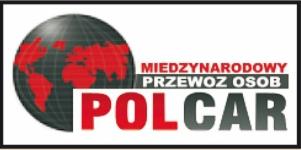 Międzynarodowy przewóz osób Polcar: logo firmy z globusem w tle, czerwono-szary napis na białym tle.