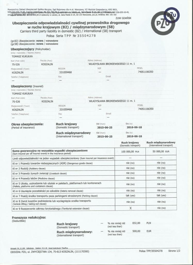 Skan polisy ubezpieczeniowej OC przewoźnika drogowego PZU, obejmującej ruch krajowy i międzynarodowy, z danymi ubezpieczającego, okresu i sumy gwarancyjnej.
