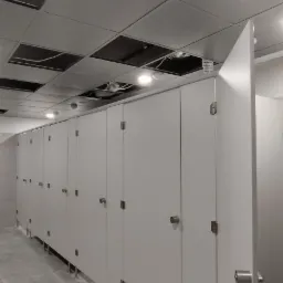 Rząd kabin toaletowych z białymi drzwiami i metalowymi uchwytami, widoczne elementy instalacji podwieszanego sufitu.