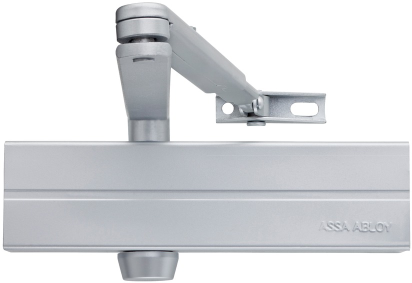 Szary samozamykacz do drzwi z widocznym logo ASSA ABLOY, zamontowany na białym tle.