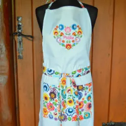 Biały fartuch kuchenny z ludowym wzorem kwiatowym i napisem 'Polska' na manekinie, na tle drewnianych drzwi.