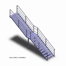 Wizualizacja 3D schodów stalowych z poręczami, widok z góry, cień rzucany na białe tło, adres strony internetowej w dolnej części.