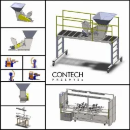 Kolaż rysunków technicznych maszyn przemysłowych z detalami konstrukcyjnymi i widokami z różnych perspektyw, prezentujący projekty Contech Przemysł.