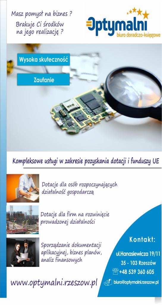 Ulotka firmy Optymalni z Rzeszowa oferującej kompleksowe usługi w zakresie pozyskania dotacji i funduszy UE, sporządzania dokumentacji i analiz finansowych.