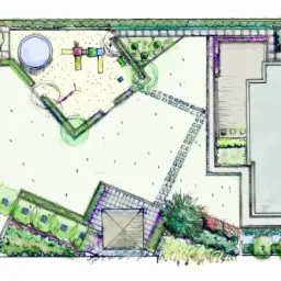 Szkic koncepcyjny ogrodu z placem zabaw, basenem, pergolą i ścieżką z kostki, widok z góry.