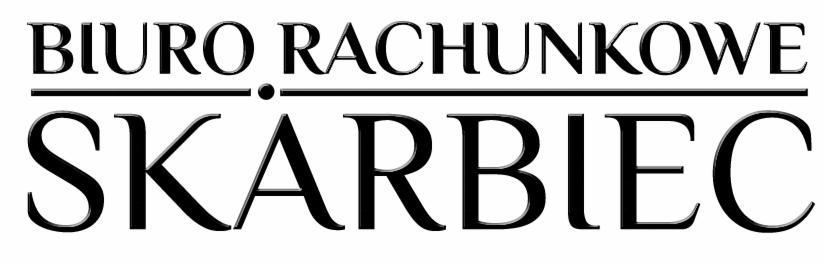 Logo biura rachunkowego 'Skarbiec' w czerni na białym tle. Nazwa firmy pod linią, nad nią napis 'Biuro Rachunkowe'.