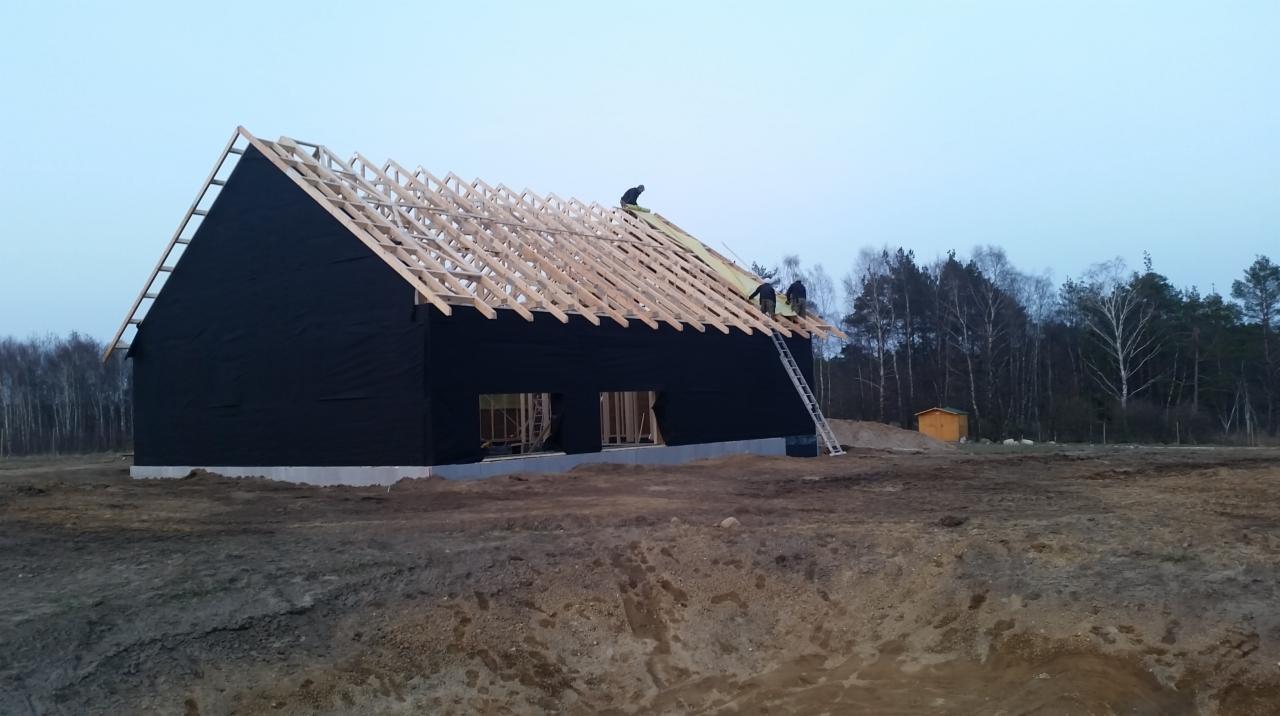 Budowa domu w trakcie: czarna membrana, drewniana konstrukcja dachu, pracownicy na drabinie, las w tle. Widok z dołu, pochmurny dzień.