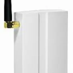 Biała centrala alarmowa z czarną anteną i zieloną diodą, widoczna na błyszczącej powierzchni.