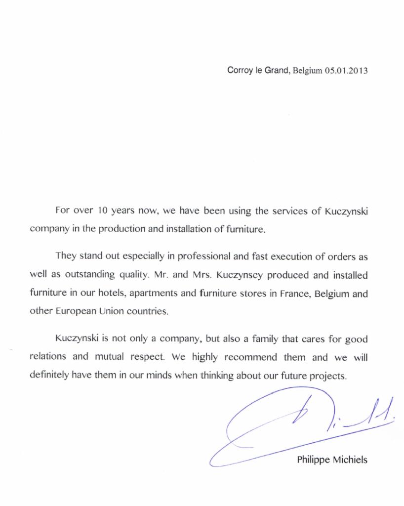 Skan referencji dla firmy Kuczynski, specjalizującej się w produkcji i montażu mebli, z podpisem Philippe Michiels, datowane na 05.01.2013.
