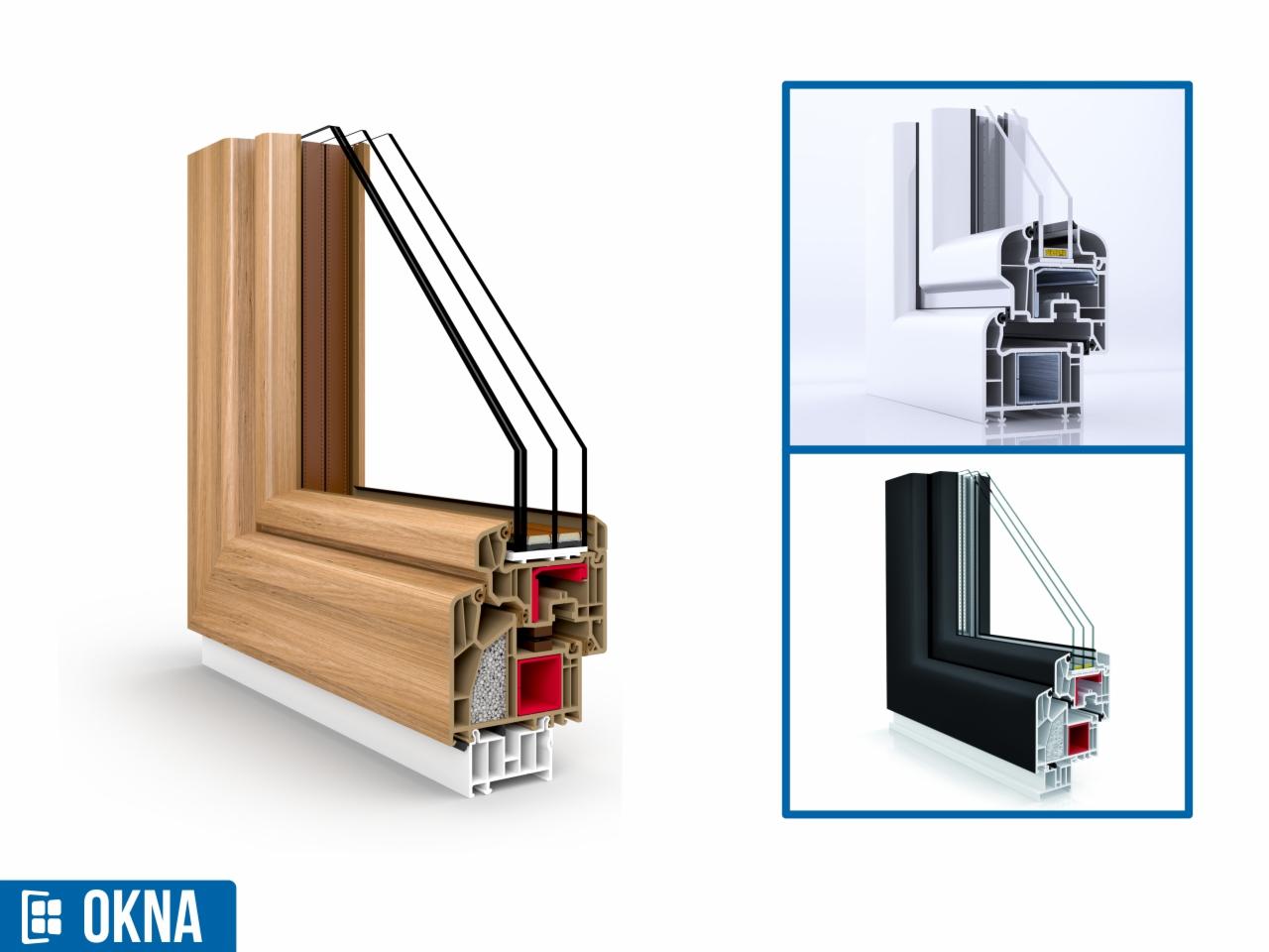 Przekrój okna drewnianego z trzema szybami, ukazujący detale konstrukcyjne i materiały. Dodatkowe przekroje okien w kolorze białym i czarnym w prawym górnym i dolnym rogu.