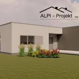 Wizualizacja nowoczesnego parterowego domu z garażem dwustanowiskowym, z płaskim dachem i dużymi przeszkleniami, otoczonego zielenią, z logo firmy projektowej ALPI-Projekt mgr inż. Piotr Ziemiński.