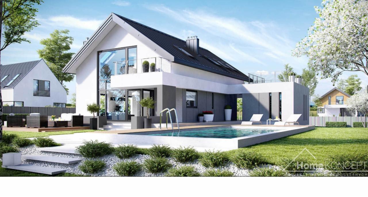 Wizualizacja nowoczesnego domu jednorodzinnego z basenem i tarasem, widok z ogrodu w słoneczny dzień, minimalistyczna architektura z elementami szarości i bieli, roślinność ozdobna.