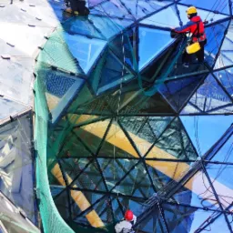 Trzech alpinistów przemysłowych w kaskach, zabezpieczonych linami, pracuje na zewnątrz szklanej konstrukcji o trójkątnych elementach, widoczna siatka zabezpieczająca.