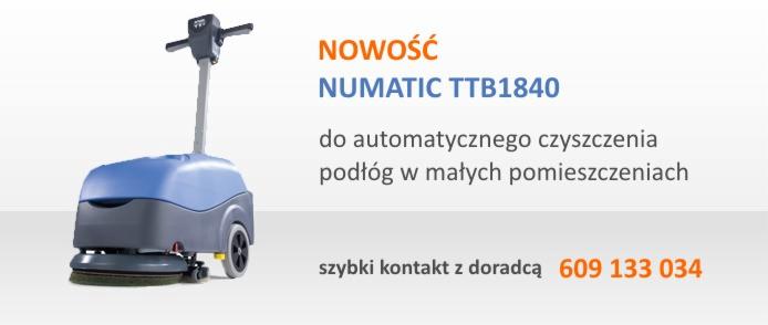 Automatyczna szorowarka Numatic TTB1840 do czyszczenia podłóg w małych pomieszczeniach, z numerem telefonu kontaktowego.