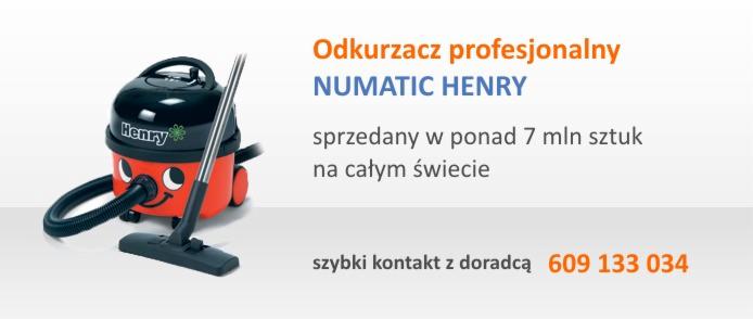 Profesjonalny odkurzacz Numatic Henry w kolorze czerwono-czarnym z uśmiechniętą buzią, na białym tle z informacją o sprzedaży ponad 7 mln sztuk.