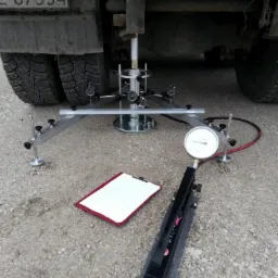 Badanie gruntu płytą dynamiczną VSS pod ciężarówką. Widoczny manometr, tarcze pomiarowe i notatnik. Test nośności podłoża na szarym gruncie.