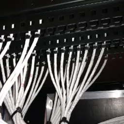 Uporządkowane białe kable telekomunikacyjne w czarnej szafie rack. Kable przymocowane uchwytami, tworząc estetyczny układ. Widoczne oznaczenia na kablach.