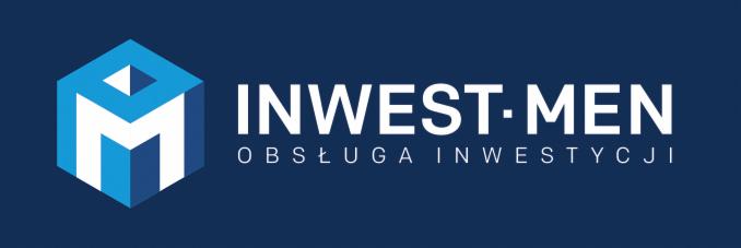 Logo firmy Invest-Men Obsługa Inwestycji: biały napis na ciemnoniebieskim tle, obok geometryczny znak graficzny w odcieniach niebieskiego.